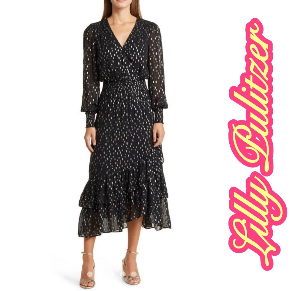 NWT  LILLY PULITZER CRISTIANA MIDI DRESS IN ONYX WITH GOLD COLOR